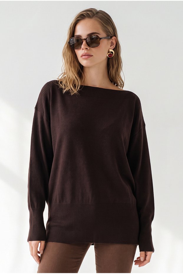 Women's Brown Soft Textured Wide Collar Knitwear Sweater Kzk-19001191