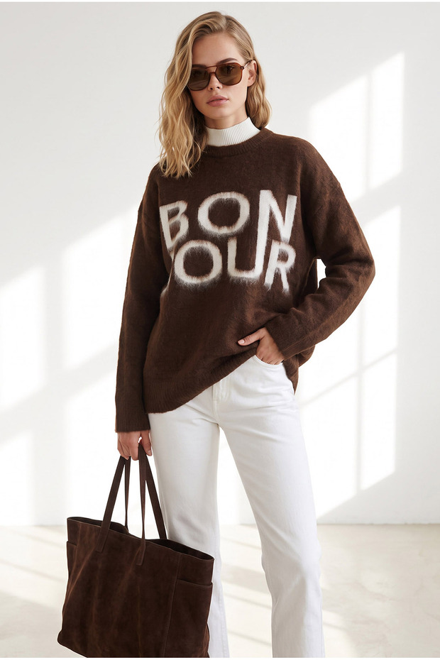 Women's Brown Shawl Collar Bonjour Oversize Knitwear Sweater Kzk-19001193
