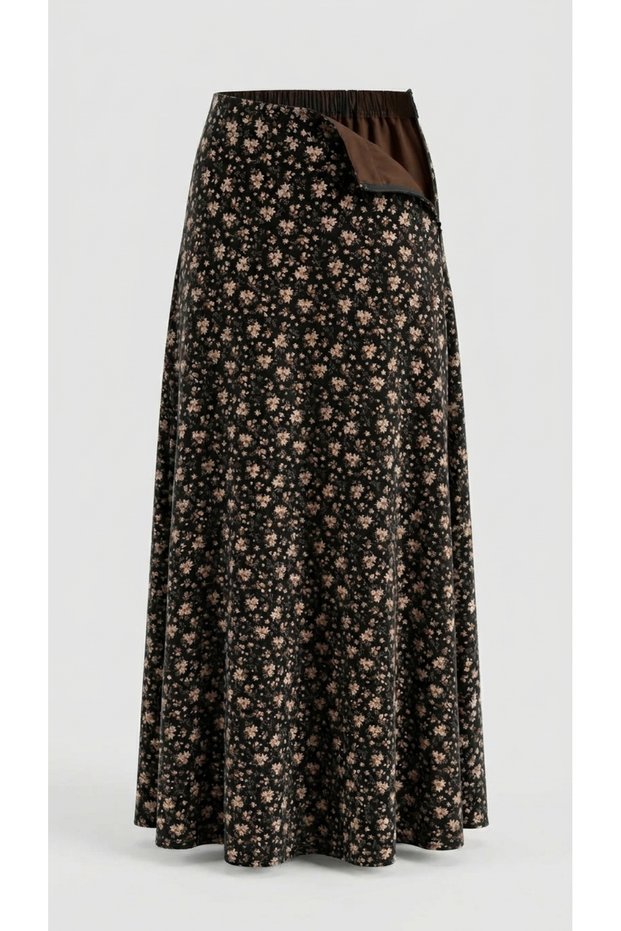 Women's Black Crispy Floral Patterned Flowy Maxi Skirt - Silky Textured Long Skirt with Half Elastic Waist and Hidden Zipper