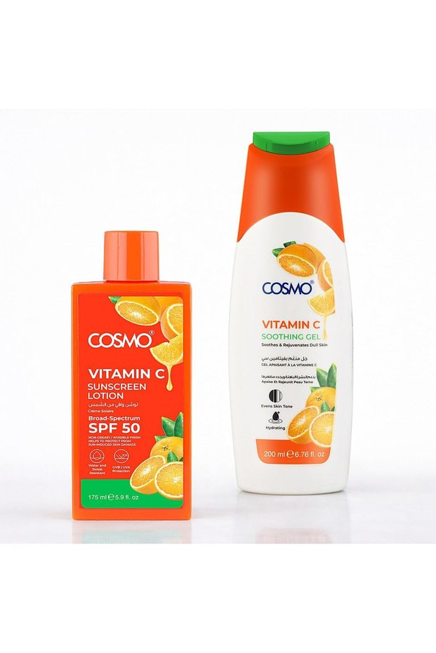 Body Care Vitamin C Sun Care Travel Kit Pack Of 2 | SPF 50 Sunscreen Body Lotion 175ml, Soothing Gel 200ml | Fast Absorbing & Lightweight & Non Greasy | For Men & Women | For All Skin Types