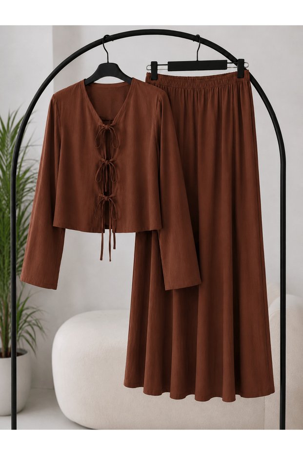 Tied Skirt Suit - 3014 - Brown