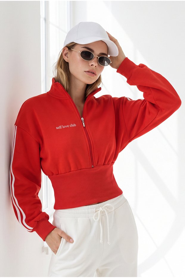 Women's Red Thick Banded Zippered Hooded Sweatshirt Swt-19000820