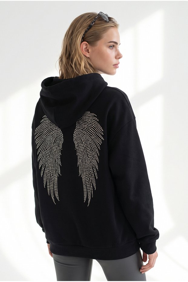 Women's Black Oversize Sweatshirt with Stone Wing Detail on the Back Swt-19000816