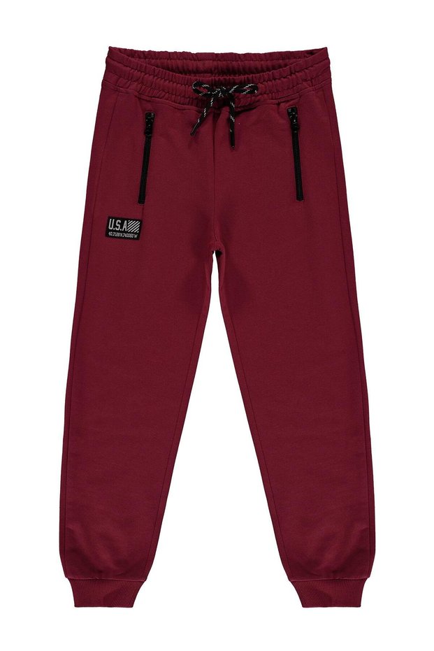 Pocketed and Label Embroidered Sweatpants for Ages 8-13 - Burgundy