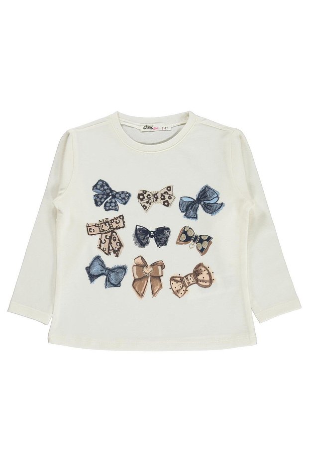 Civil Girls' Bow Printed Sweatshirt | Lycra Single Jersey Shardonlu | School Nursery and Daily Use - Ecru