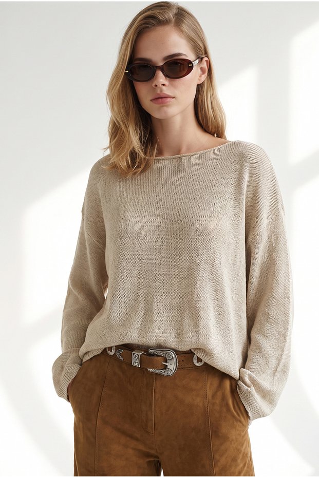 Women's Stone Wide Collar Soft Textured Loose Knitwear Blouse Blz-19003477