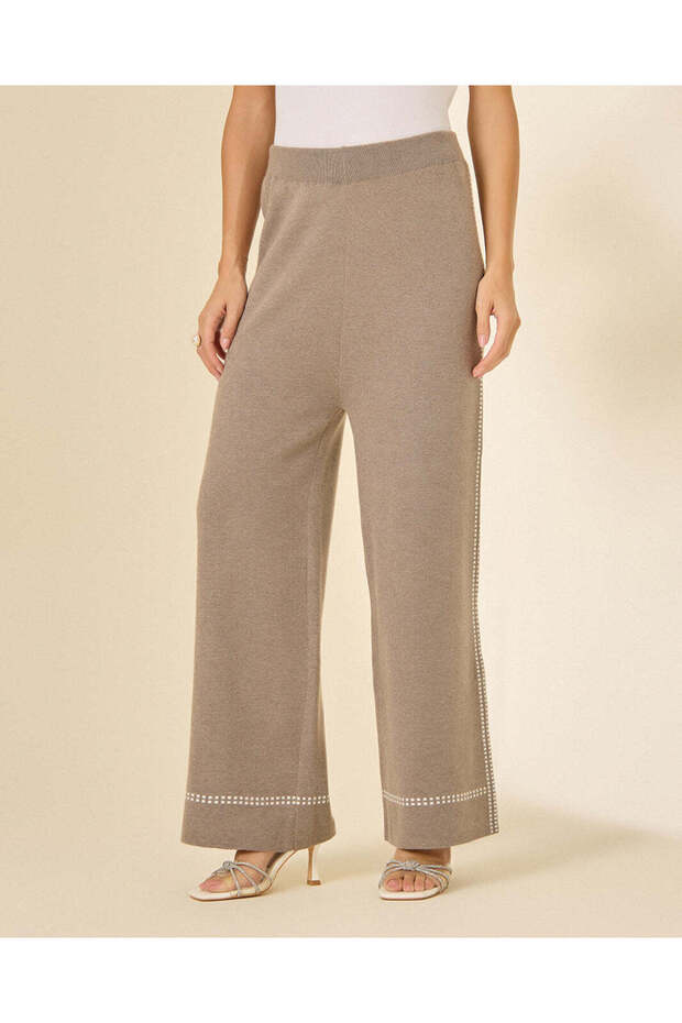 Women Taupe Knitted Wide Leg Trousers