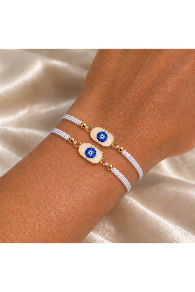 White Macrame String Evil Eye Beaded Gift Bracelet for Women and Men, Gold-Colored Evil Eye Beaded String Bracelet (2 Bracelets Are Sent and Sent with a Jewelry Box)