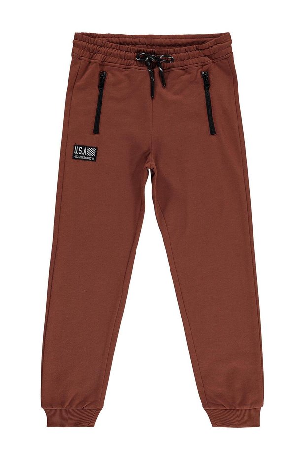 Pocketed and Label Embroidered Sweatpants for Ages 8-13 - Brown