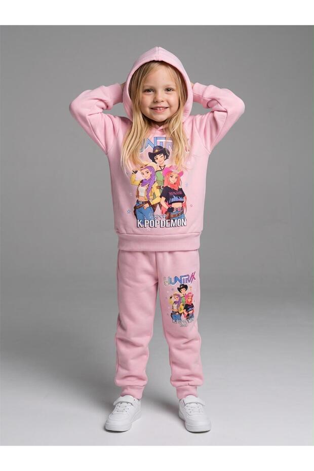 Girl's Patterned 3-Yarn Hooded Elasticized Leg Sweatpants Set - 261170
