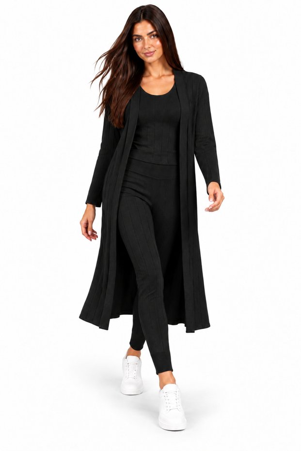 Women's Three-Piece Set Round Neck Sleeveless Blouse Open Front Long Cardigan Elastic Waist Leggings Pants Woven Detail Soft Textured Stylish Casual Black Knitwear Set