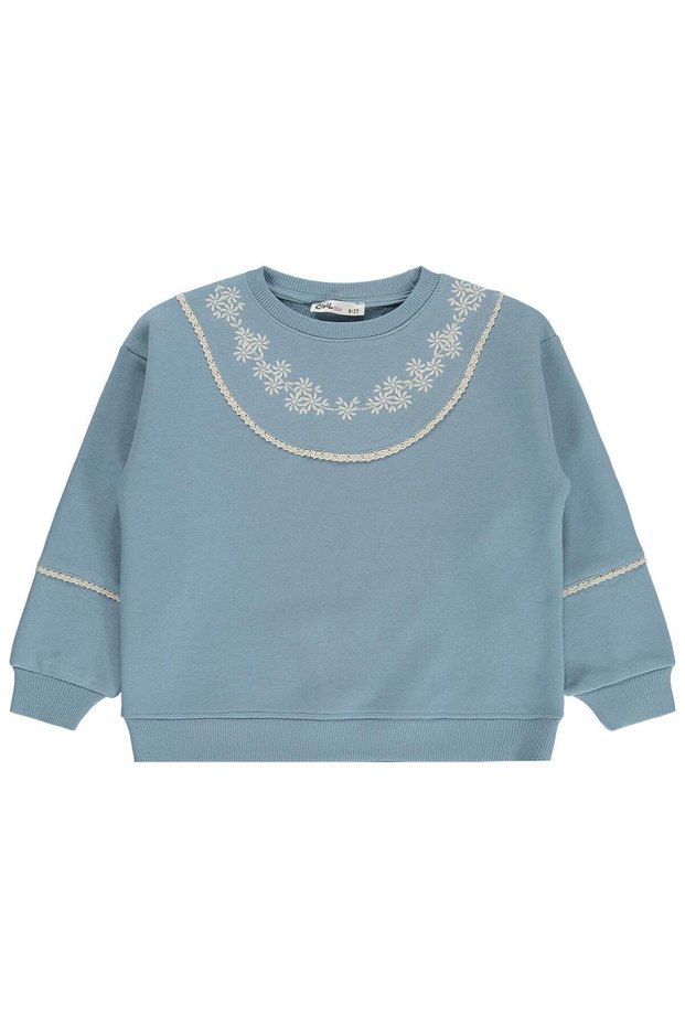 Flower Embroidered Sweatshirt for 6-9 Years Old - Blue