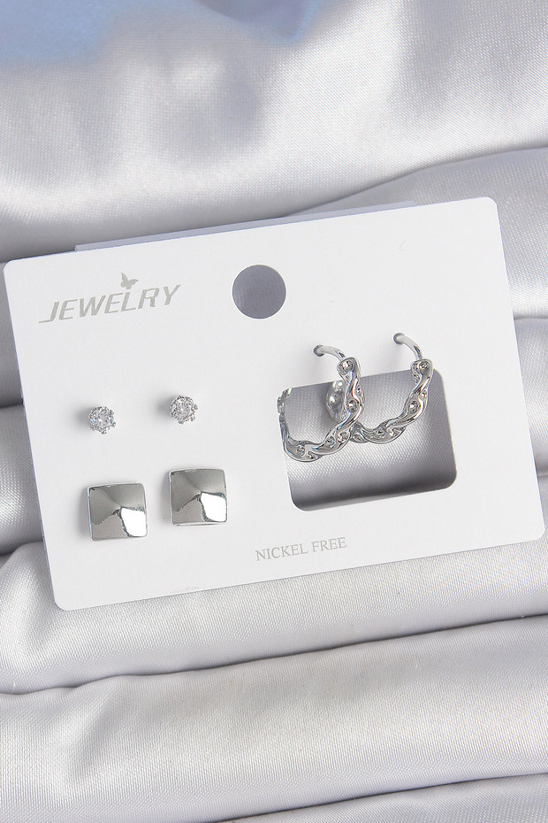 Brass Silver Color Zircon Stone Twist Ring Model Square Detail 3 Pairs Women's Earring Set