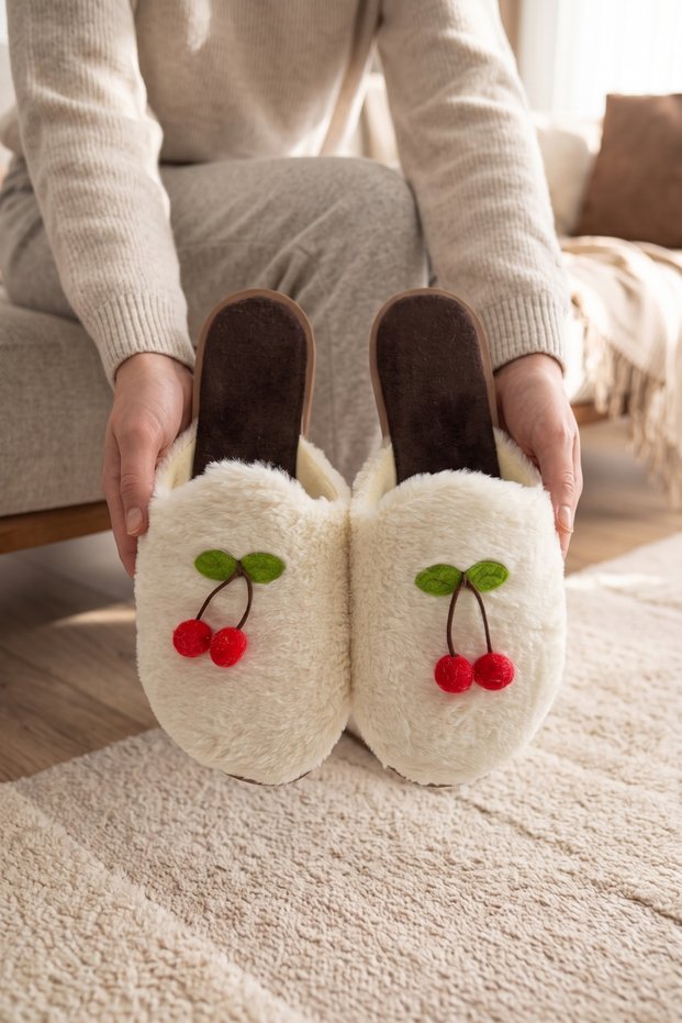 Women's Cream Cherry Decorated Soft Plush Closed-Toe House Slippers