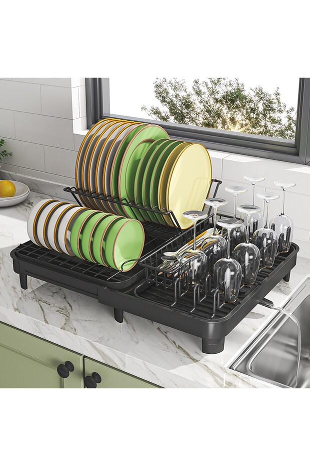 Dish Drying Stand, Expandable Dish Drying Rack with Drainer, Cup Holder, Utensil Holder, Large Capacity, Baking Paint Process Coatings for Kitchen Counter, Black