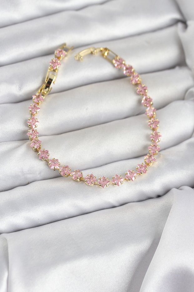 Pink Square Zircon Stone Gold Color Brass Waterway Women's Bracelet