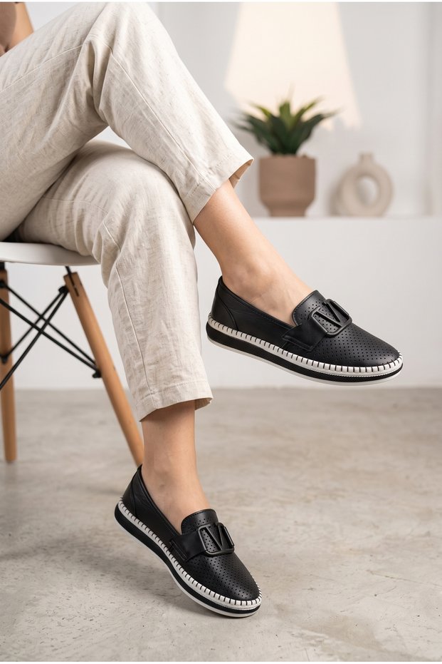 Women's Leather Laser Cut Perforated V-Buckle Loafer Casual Shoes