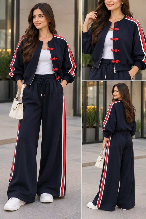 Women's Zippered Jacket and Stripe Detailed Palazzo Tracksuit Set 5814