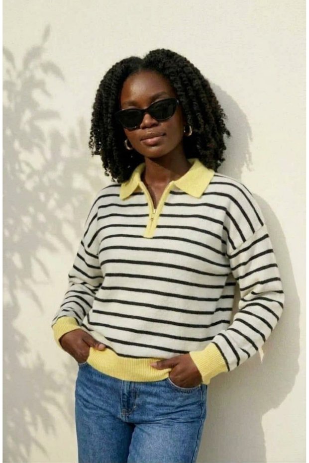 Striped Collar Yellow Color Zippered Tricot Women's Sweater