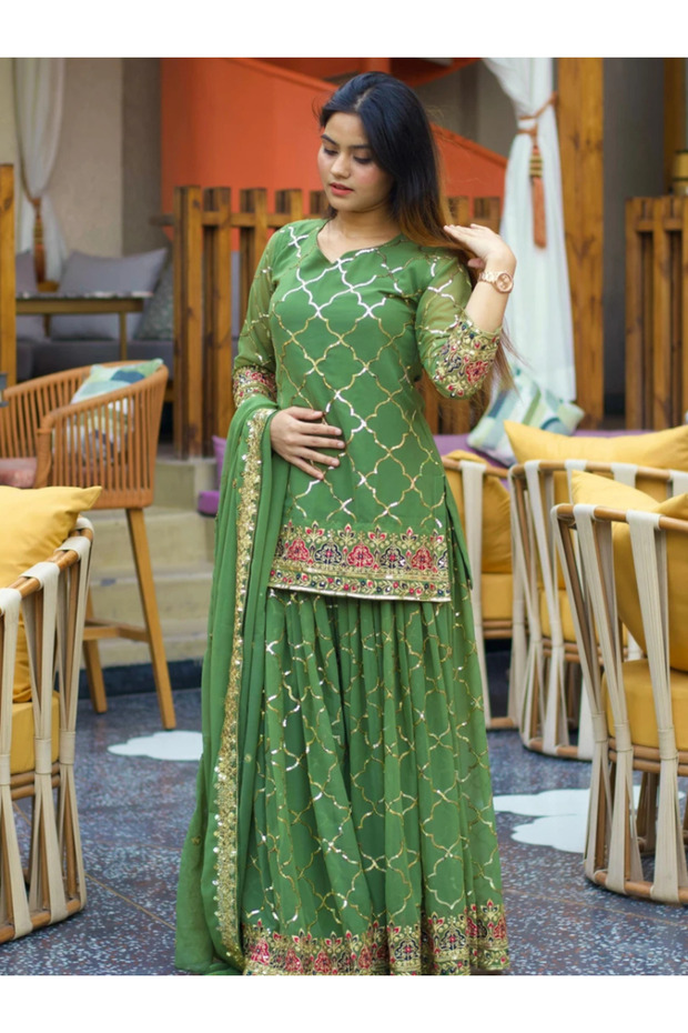 Green Chinon Silk Floral Embroidered Sharara Suit Set - FFT101033 | Green & Multicolor-Size:L-40-Inches