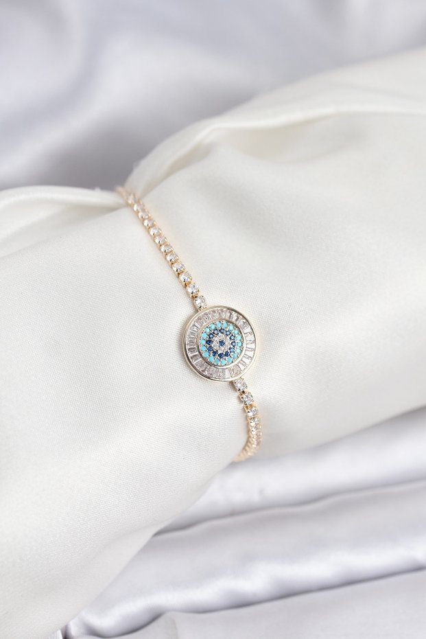 Gold Color Nazar Model Zircon Stone Elevator Waterway Bracelet