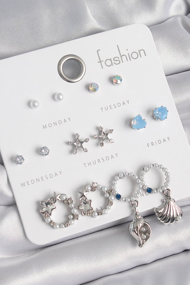 Brass Silver Color Inclined Zircon Stone Ring Figure Star Detail 7 Pairs Women's Earring Set