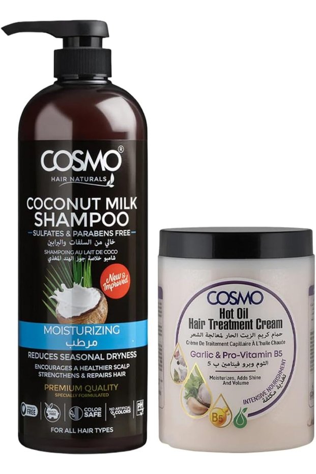 Cosmo Strengthens & Repairs Hair Care Combo | Moisturizing Coconut Milk Shampoo 480ml & Garlic Hot Oil Treatment Cream 1000ml | Reduces Seasonal Dryness & Adds Volume | Sulfate & Paraben Free