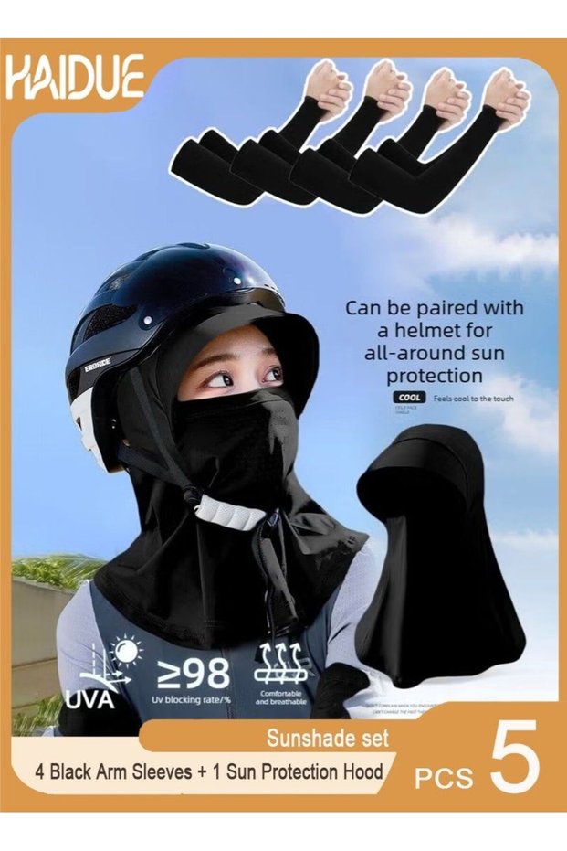 5 PCS Sun Protection Set, Including 4 Black Arm Sleeves + 1 Sun Protection Hood Set, UPF 50+ Cooling Sun Shield, Helmet-Compatible Full Face & Arm Sun Protector for Cycling Hiking Outdoor Activities