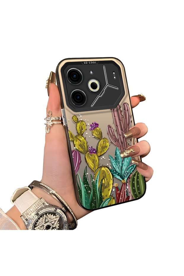 Phone Case for Tecno Pova 6/Pova 6 Pro 5g Compatible Acrylic Hard Back Panel with Silicone Edges Cactus Pattern