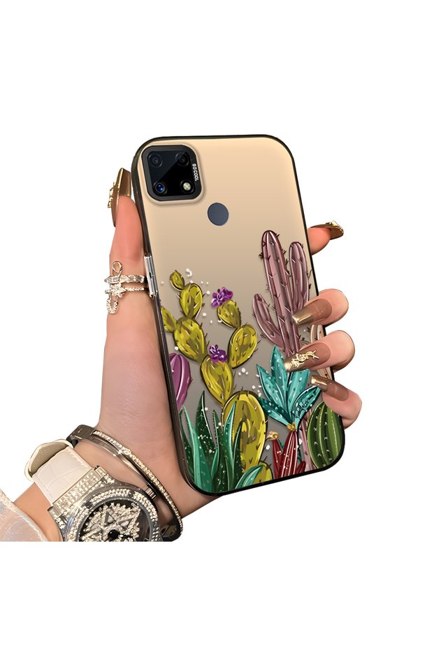 Realme C15/C25/C25S Compatible Acrylic Hard Back Panel with Silicone Edges Cactus Patterned Phone Case