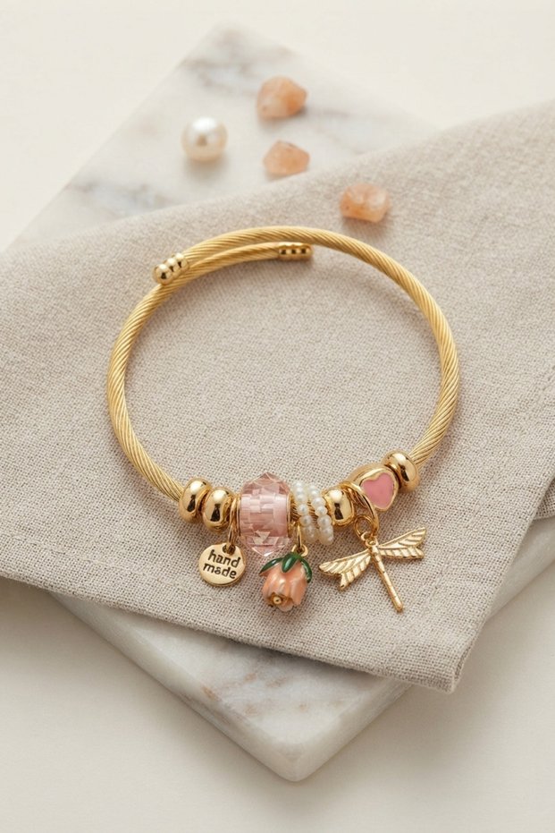 Dragonfly and Pink Charm Bracelet