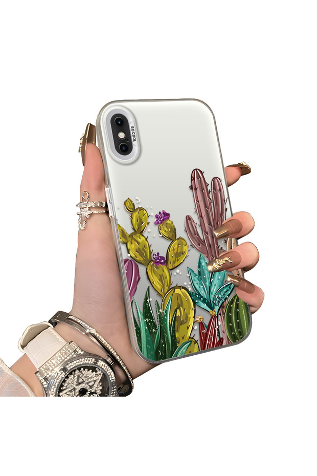 iPhone XS Max Compatible Acrylic Hard Back Panel Silicone Edged Cactus Patterned Phone Case