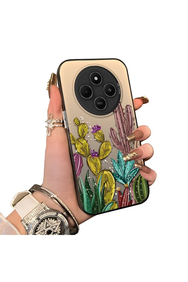 Phone Case for Xiaomi Redmi 14C 4G/5G Compatible Acrylic Hard Back Panel with Silicone Edges Cactus Pattern