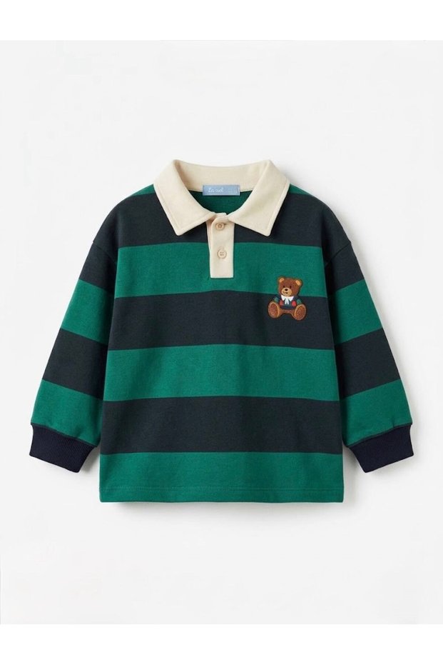 Children's Polo Collar Striped Teddy Bear Embroidered Long Sleeve Sweatshirt
