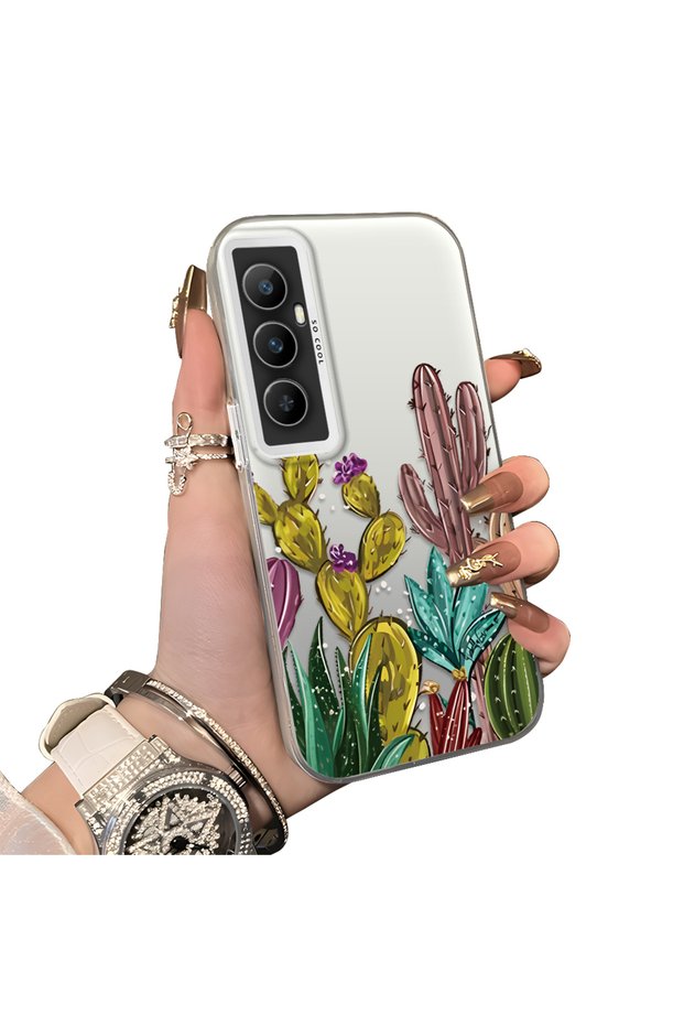 Realme C65 4g Compatible Acrylic Hard Back Panel Silicone Edged Cactus Patterned Phone Case