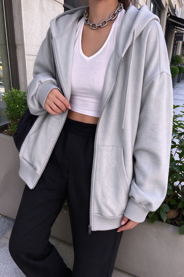 Women's Gray Melange Hooded Zippered 3 Three Thread Fleece Kangaroo Oversize Cardigan Zip up Hoodie
