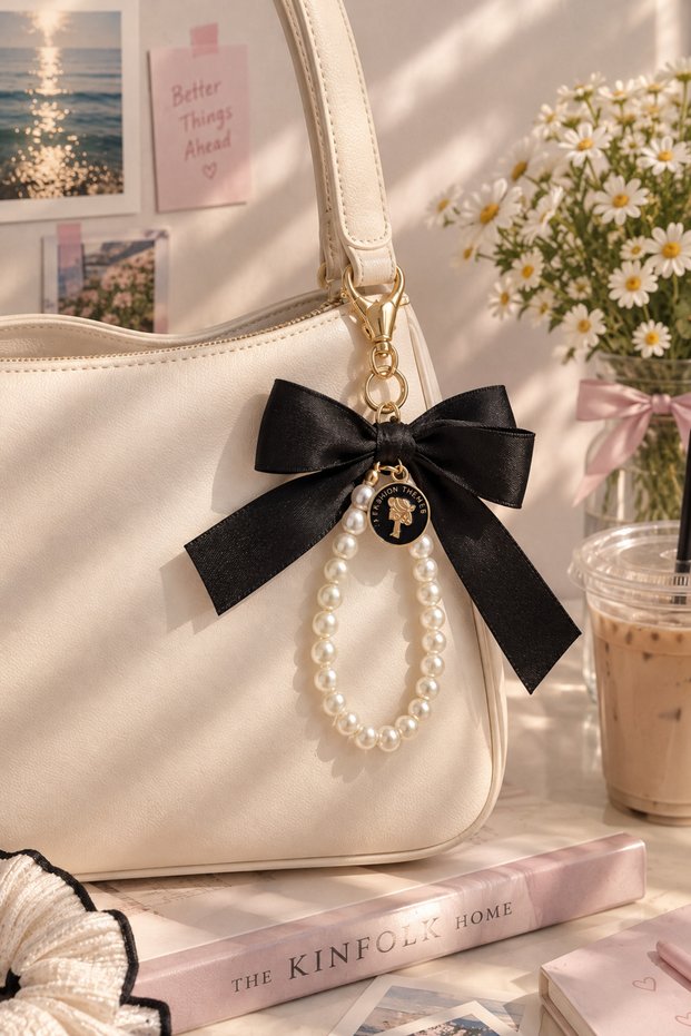 Bag Charm-Keychain with Ribbon and White Pearls