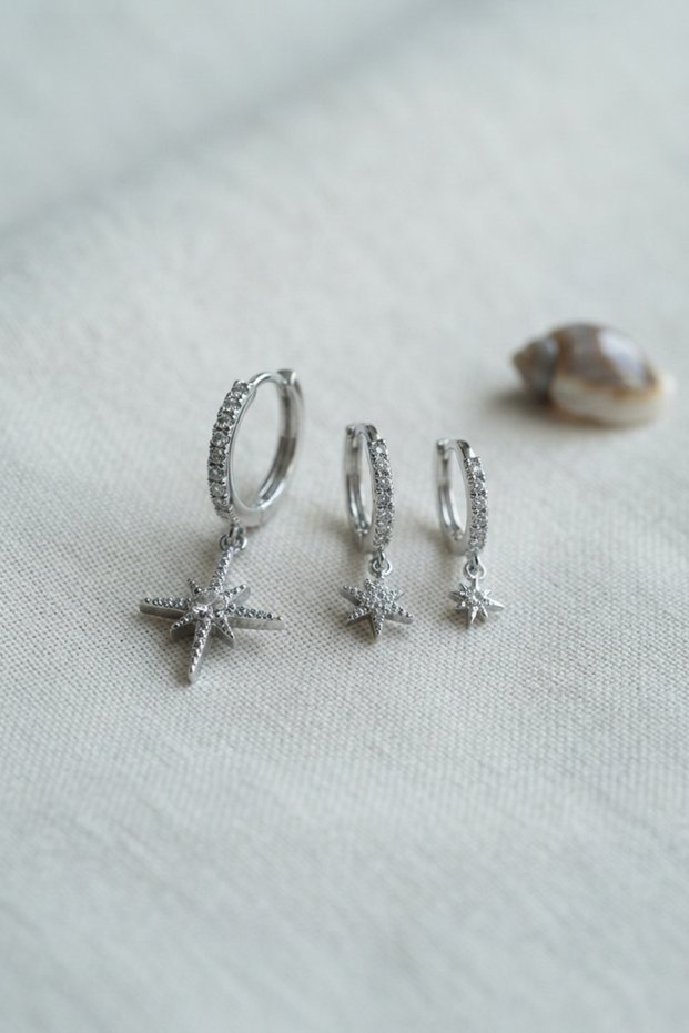 Silver Color Pole Star Model 3-Piece Earring Set