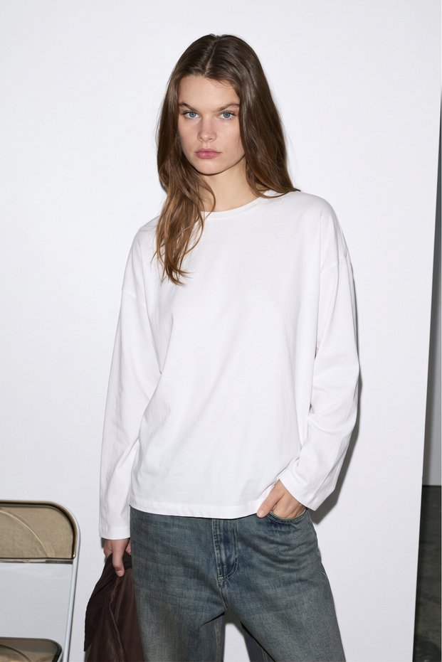 Blesa Women's Organic Cotton Oversize Long Sleeve White T-Shirt