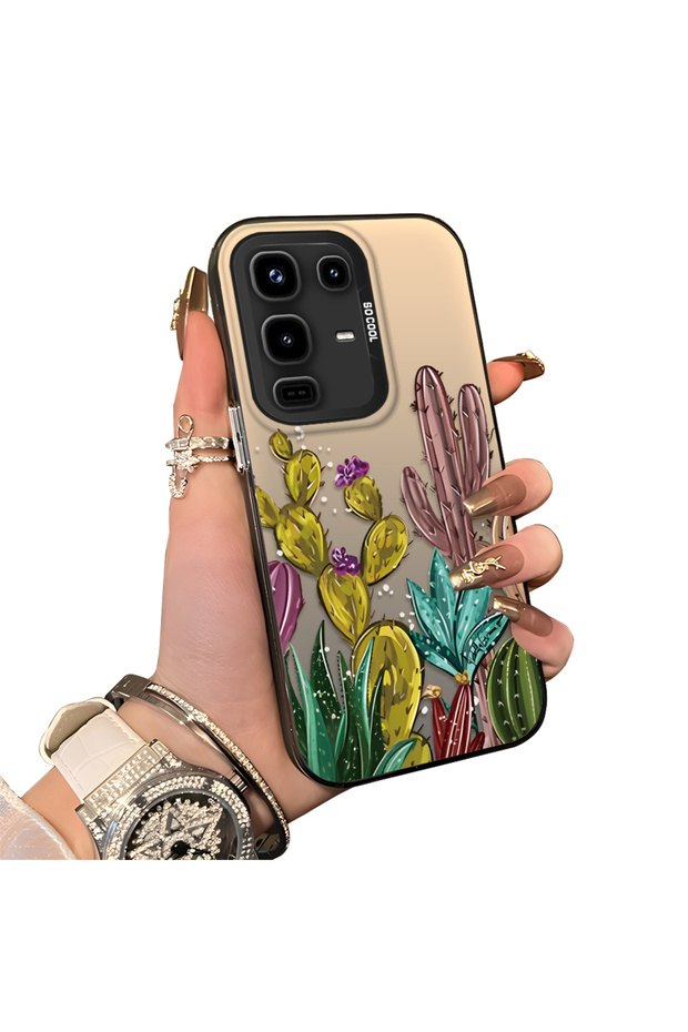 Infinix Note 50 Compatible Acrylic Hard Back Panel with Silicone Edges Cactus Patterned Phone Case