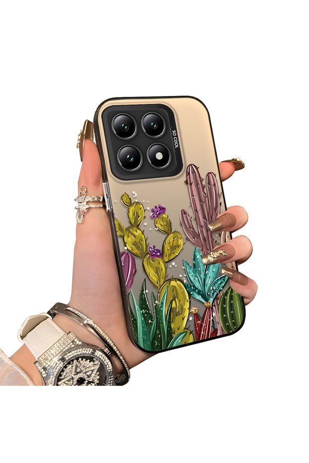 Xiaomi Mi 14t Compatible Acrylic Hard Back Panel Silicone Edged Cactus Patterned Phone Case