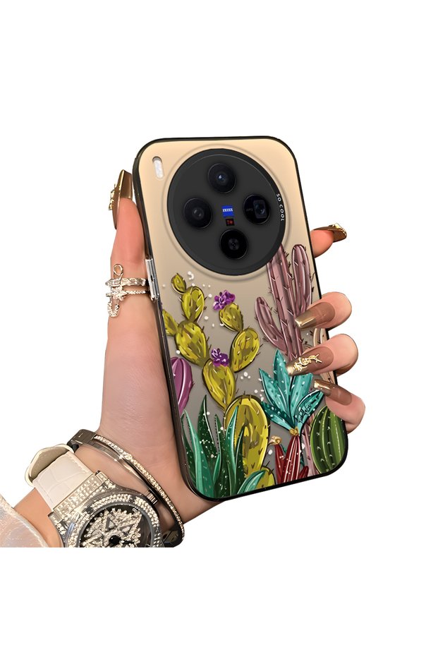 Vivo X300 Compatible Acrylic Hard Back Panel Silicone Edged Cactus Patterned Phone Case