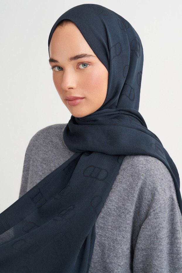 Monogram Pattern Tencel Wool Viscose Shawl Midnight Blue