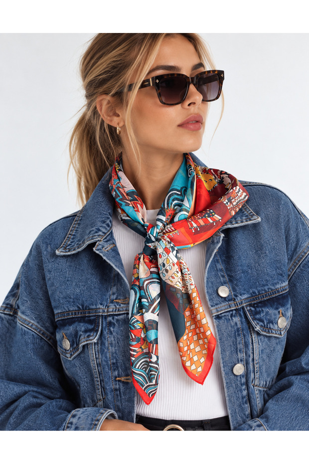 Summer Scarf Navy-Red-Dragon Thin Scarf Printed on Both Sides 90*90 cm