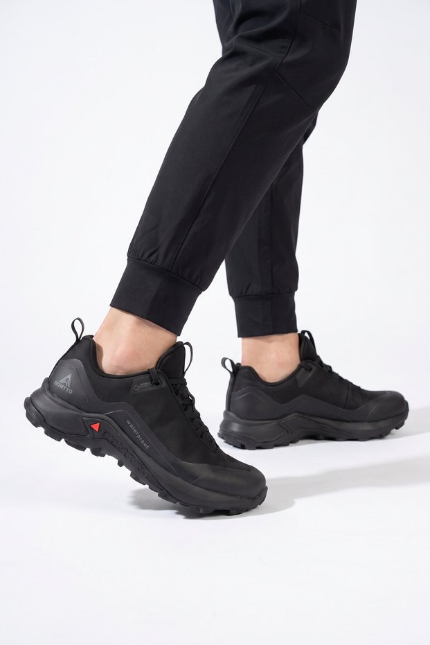 Unisex Waterproof Non-Slip Sole Lace-Up Black Outdoor Trekking Shoes 110396B-2