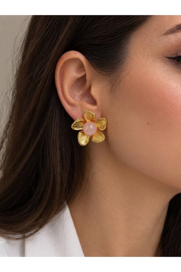 Brand Model Flower Figured Pearl Detailed Women's Stainless Steel Earrings
