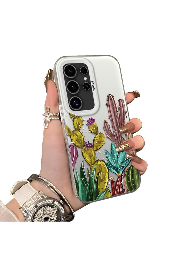 Cactus Patterned Phone Case with Silicone Edges and Acrylic Hard Back Panel Compatible with Samsung Galaxy S24 Ultra