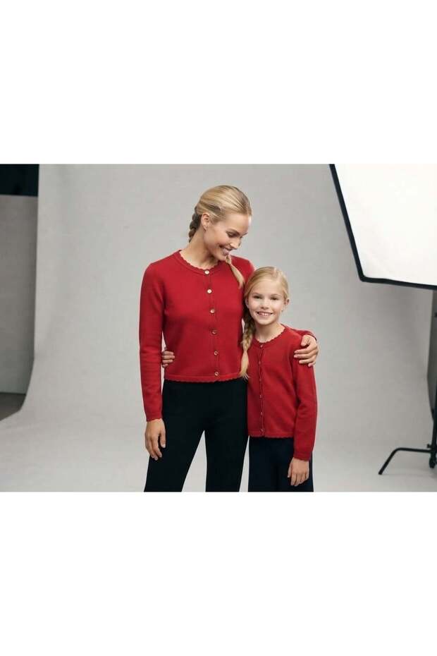 Mother and daughter gold buttoned ruffle trim knit cardigan