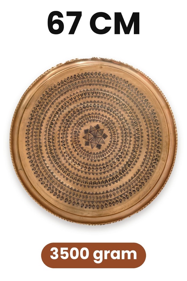67 cm Hand Embroidered Authentic Patterned Thick Urfa Copper Tray with Baklava Star and Almond Motifs