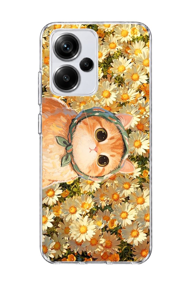 Redmi Note 13 Pro Plus 5g Compatible Orange Cat Daisy Printed Transparent Phone Case with Scarf
